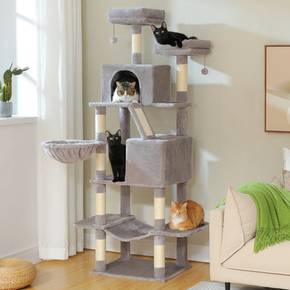 Stabiler XXL-Kratzbaum mit mehreren Ebenen, geräumigem Katzenhaus, Sisalstämmen, Plüsch-Hängematte & Spielzeug für glückliche Wohnungskatzen"