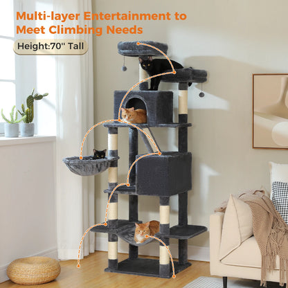 Stabiler XXL-Kratzbaum mit mehreren Ebenen, geräumigem Katzenhaus, Sisalstämmen, Plüsch-Hängematte & Spielzeug für glückliche Wohnungskatzen"