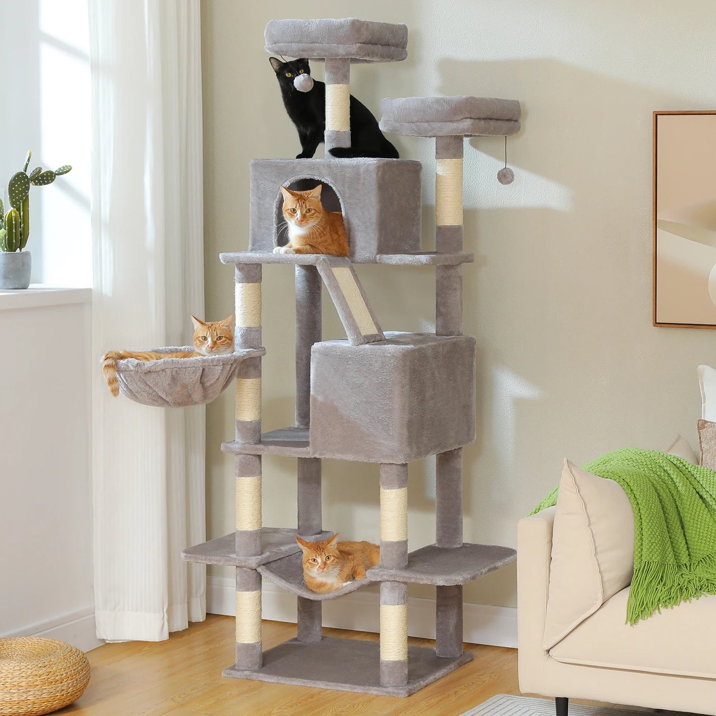 Stabiler XXL-Kratzbaum mit mehreren Ebenen, geräumigem Katzenhaus, Sisalstämmen, Plüsch-Hängematte & Spielzeug für glückliche Wohnungskatzen"