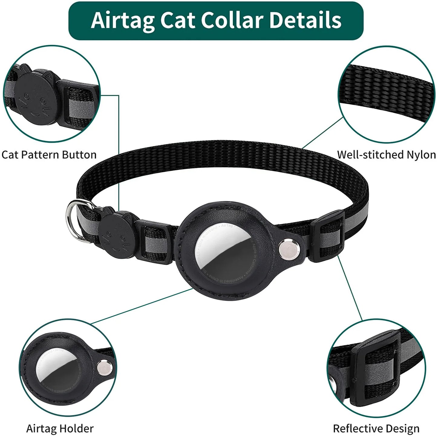 Katzenhalsband mit AirTag-Halter – reflektierend, verstellbar & wasserdicht mit Sicherheitsverschluss & Glöckchen