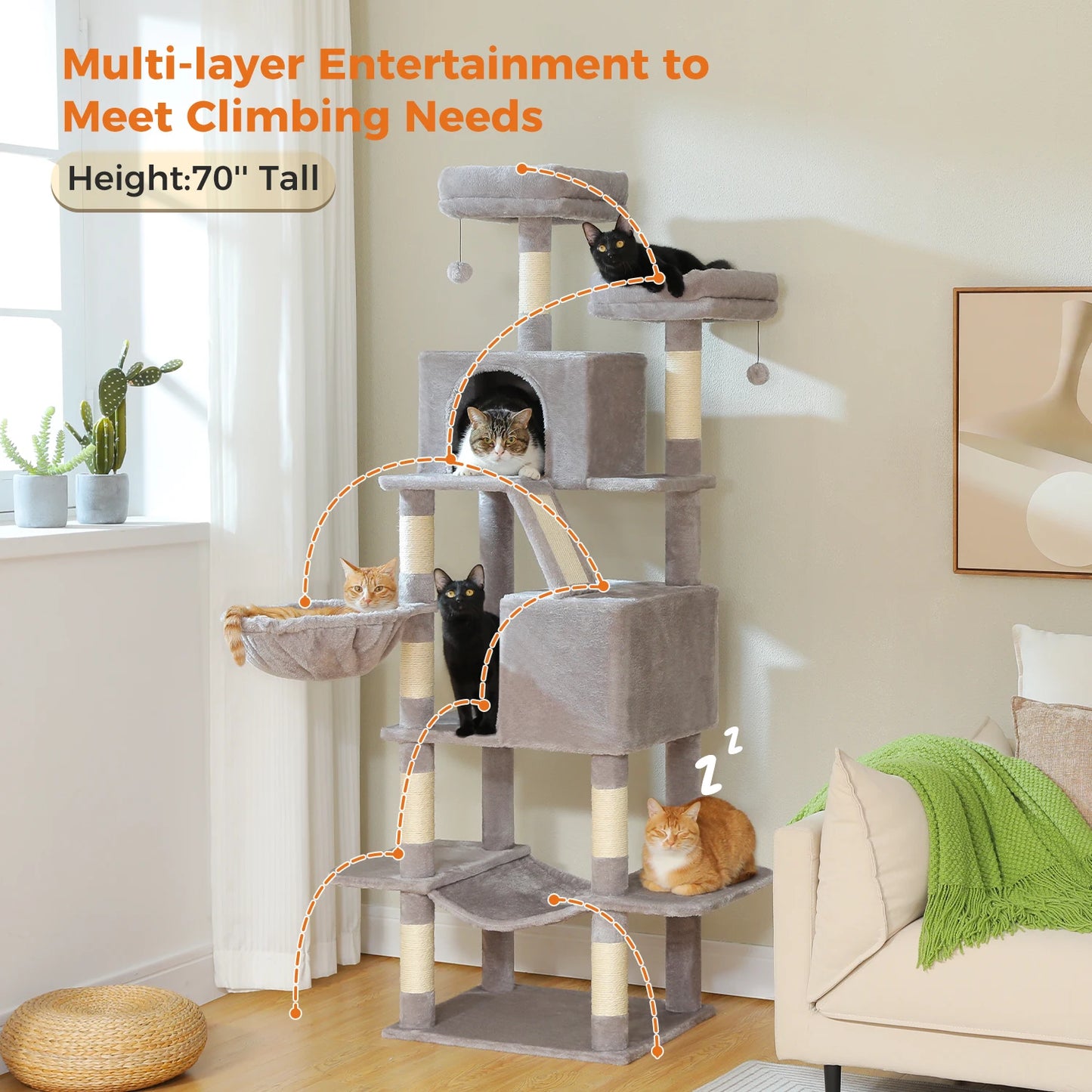 Stabiler XXL-Kratzbaum mit mehreren Ebenen, geräumigem Katzenhaus, Sisalstämmen, Plüsch-Hängematte & Spielzeug für glückliche Wohnungskatzen"