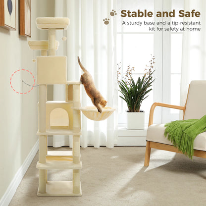 Stabiler XXL-Kratzbaum mit mehreren Ebenen, geräumigem Katzenhaus, Sisalstämmen, Plüsch-Hängematte & Spielzeug für glückliche Wohnungskatzen"