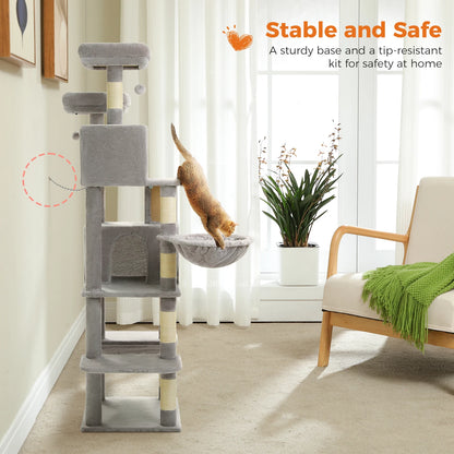 Stabiler XXL-Kratzbaum mit mehreren Ebenen, geräumigem Katzenhaus, Sisalstämmen, Plüsch-Hängematte & Spielzeug für glückliche Wohnungskatzen"